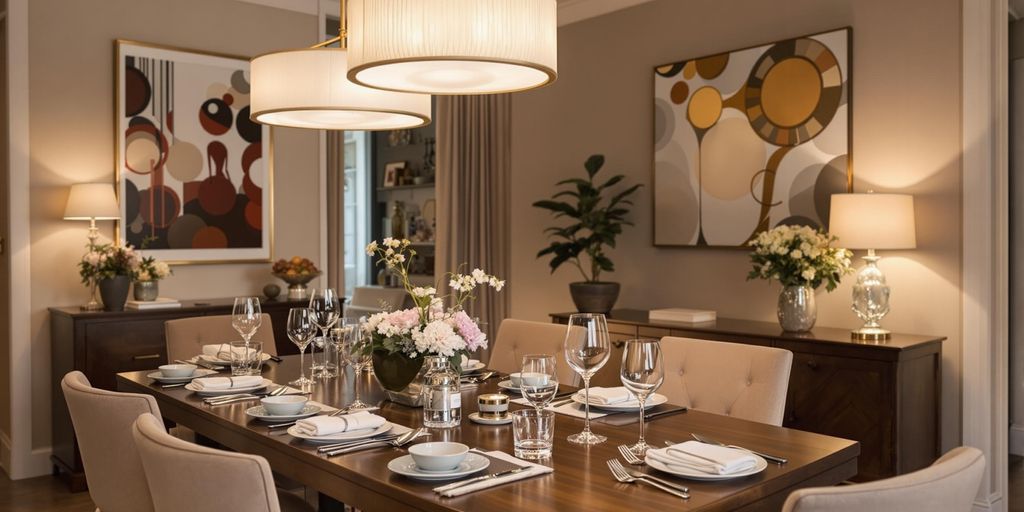 Elegant dining room with stylish lighting and decor.