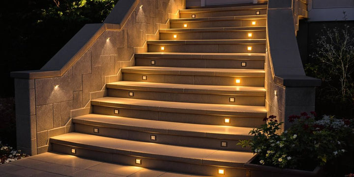 Stylish outdoor lights illuminating stairs at night.