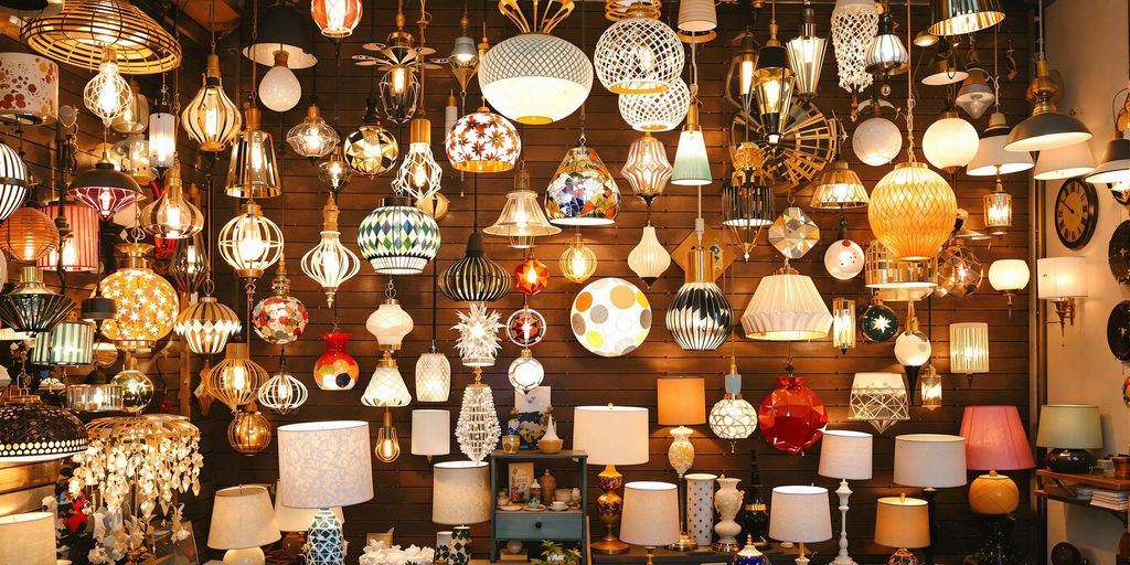 A range of light fixtures in a stylish shop.