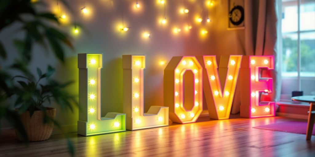 Colourful LED letter lights illuminating a stylish room.