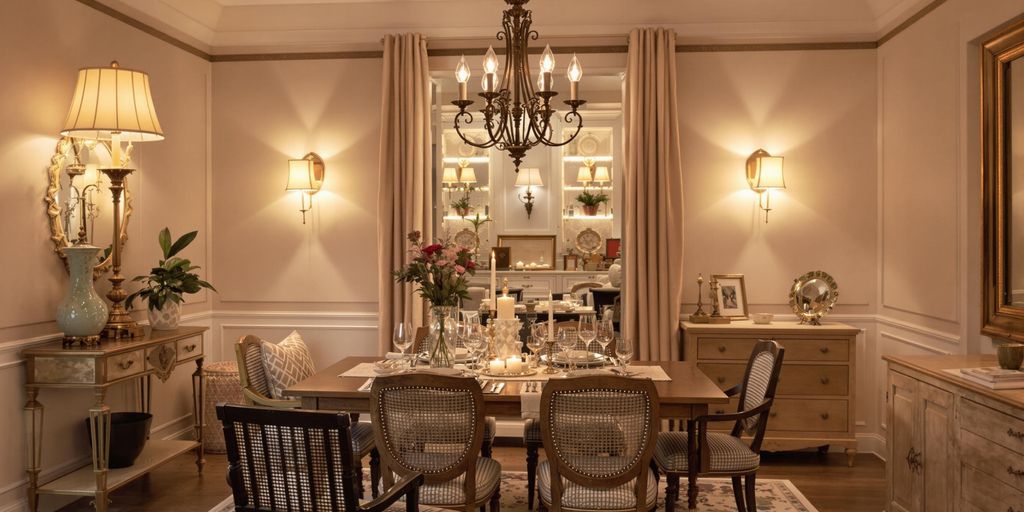 Elegant dining room with warm lighting and stylish decor.