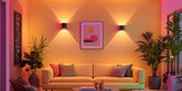 Room with modern LED wall lights in vibrant colours.