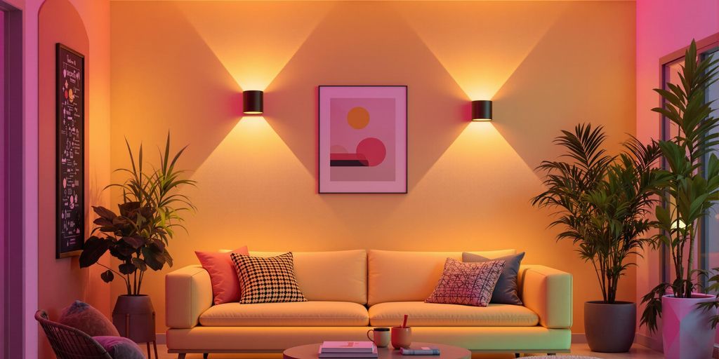 Room with modern LED wall lights in vibrant colours.