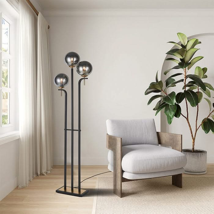 Metal Floor Lamp with Amber Glass