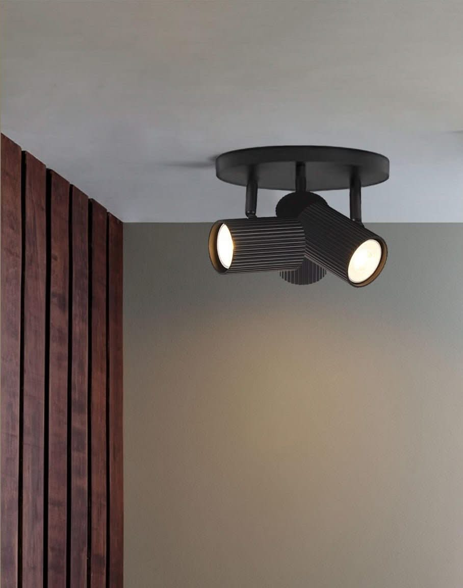 3 Light Ribbed Matt Black Ceiling Spotlight