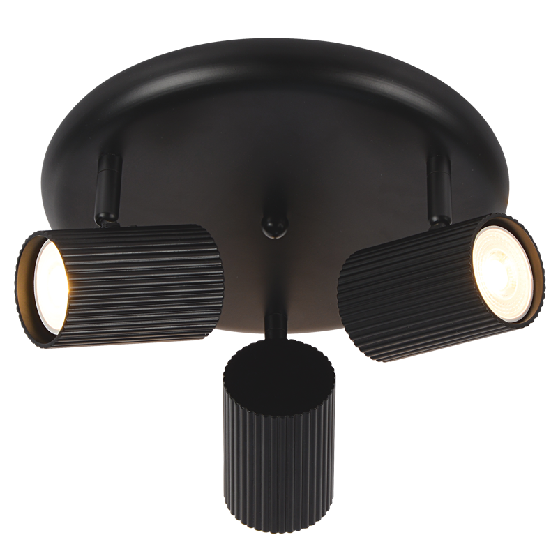 3 Light Ribbed Matt Black Ceiling Spotlight