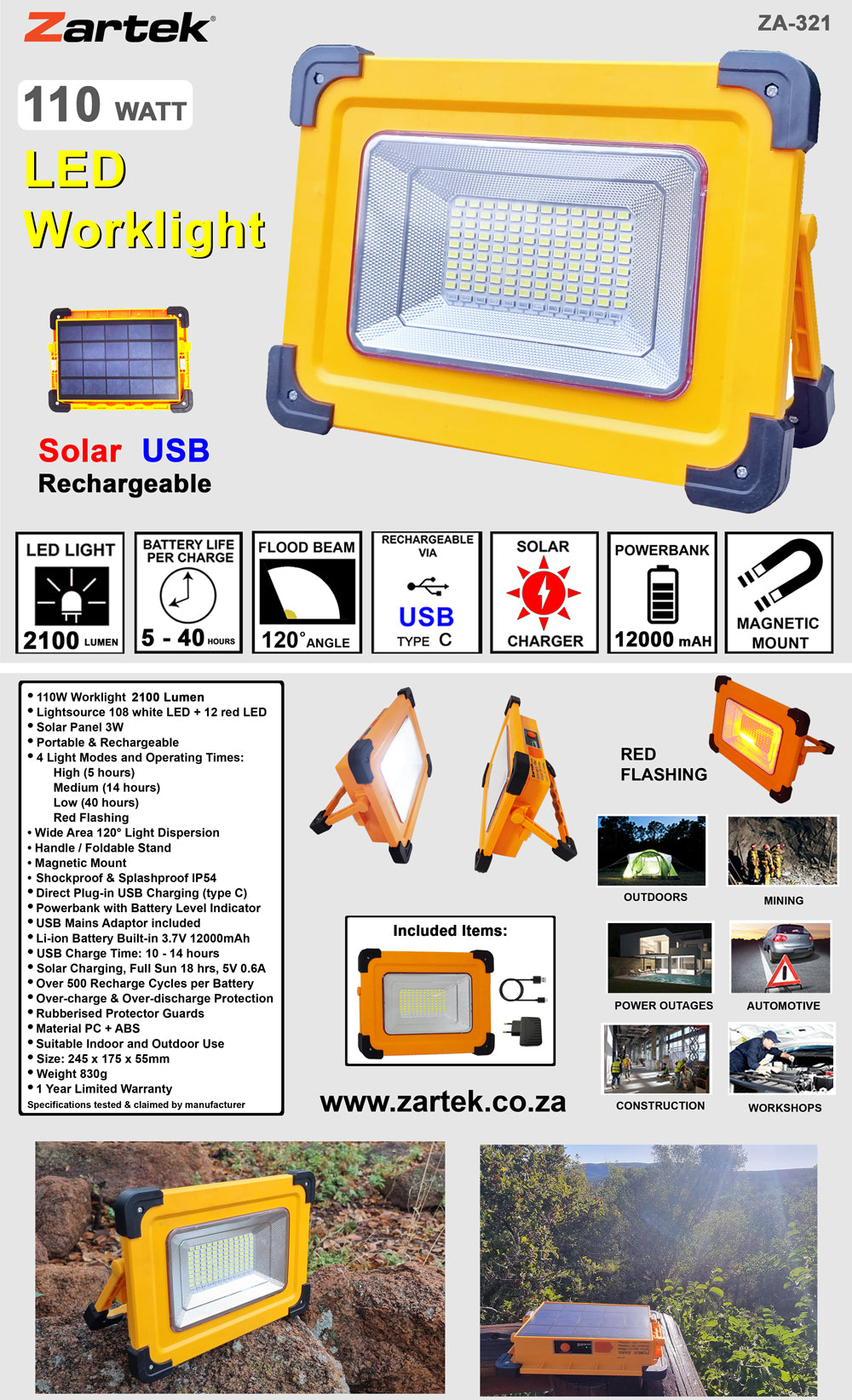 110W Solar & Rechargeable Portable Worklight